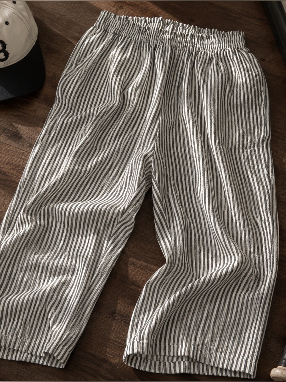 Ladies Striped Elastic-Waist Casual Pants — Gray/White